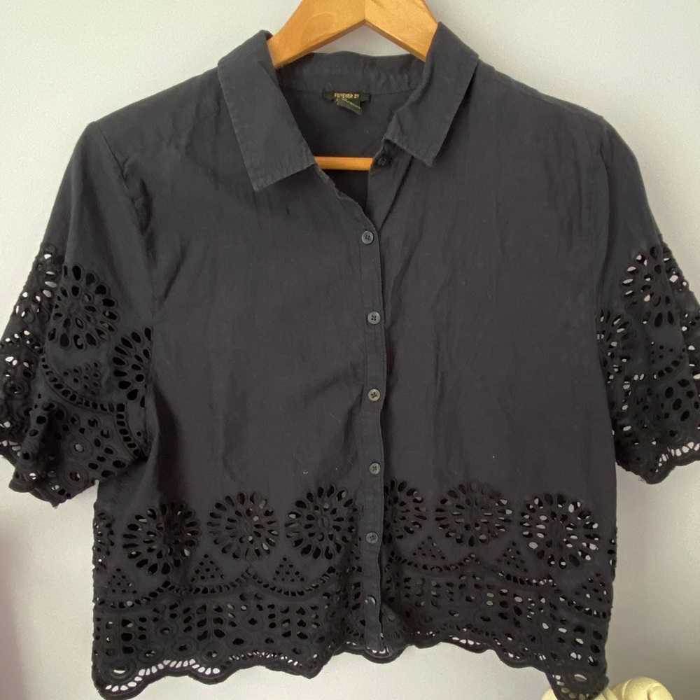 Navy Blue Button Up Crop Top with Eyelet Cutout